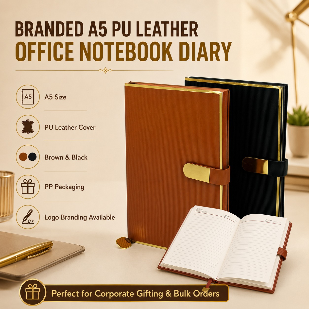D8 Branded A5 PU Leather Office Notebook Diary